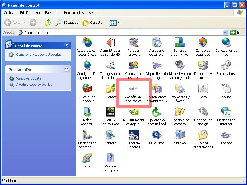 Ejemplo de Panel de Control con aplicación de DNIe instalada