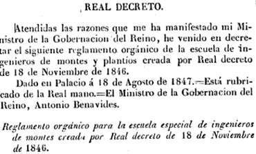 Reglamento orgánico para la escuela especial de ingenieros de montes creada por el Real decreto de 18 de Noviembre de 1846